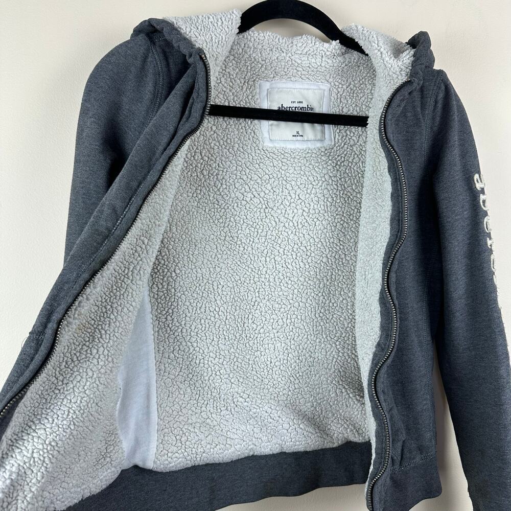 Abercrombie Kids Sherpa‎ Lined Zip Hoodie Jacket Gray XL Y2K Spellout Retro - Picture 6 of 10